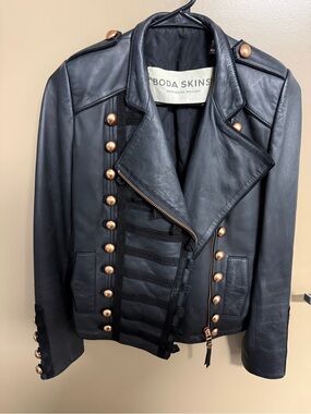 Boda Skins Women's Black Leather Military-Style Jacket with Brass Buttons